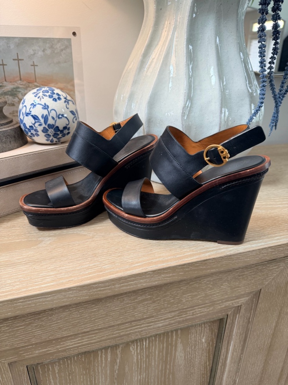 Tory Burch Selby Black Wedge Sandals with Brown Trim and Gold Buckle - Picture 2 of 6